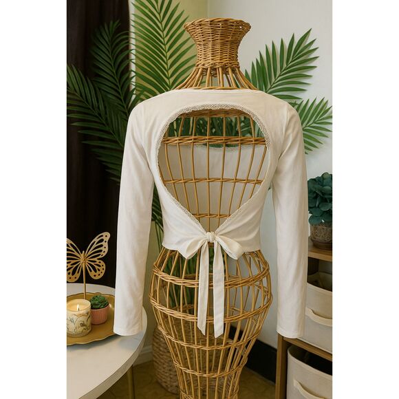 Women’s White Long Sleeve Lace Trim Square Neck Top – Elegant Fitted Blouse - Picture 2 of 8